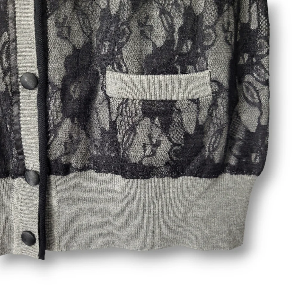 Sharagano Grey Black Lace Button Up, Long Sleeve Cardigan Sweater, M - Picture 4 of 6